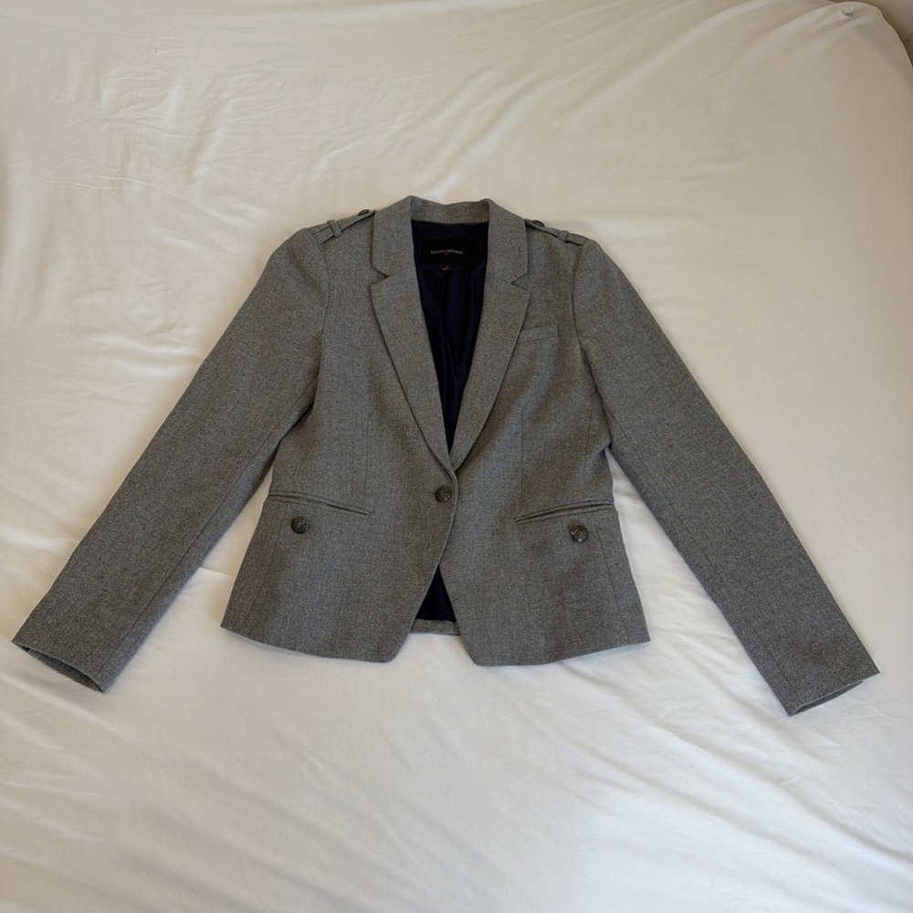 Banana Republic Gray Wool Blend‎ Nautical Preppy Fitted Single Button Blazer 4